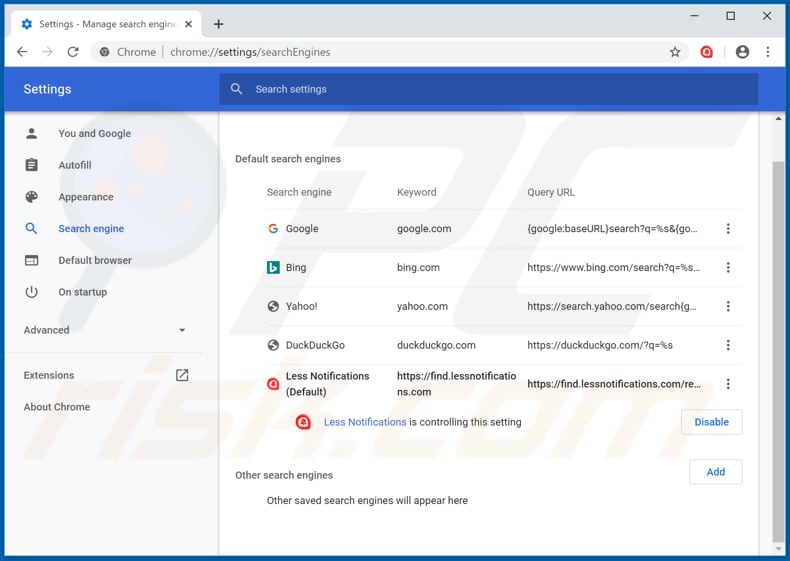 Removing find.lessnotifications.com from Google Chrome default search engine