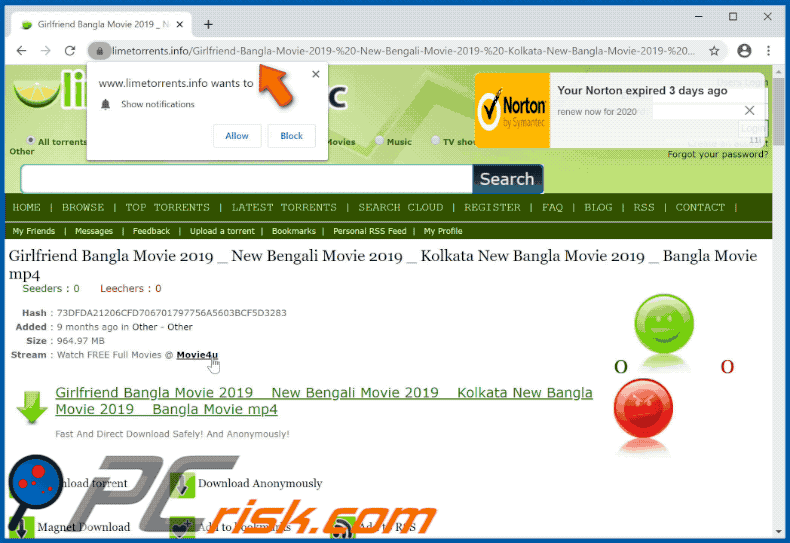 limetorrent.info redirects to norton subscription has expired scam
