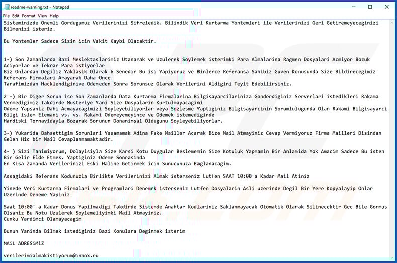 Makop ransomware Turkish ransom note