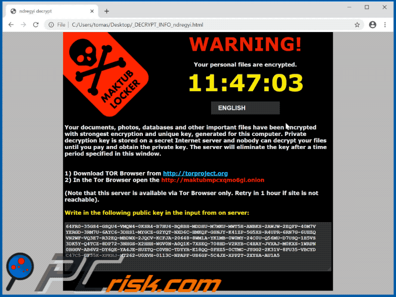 Appearance of an HTML file created by Maktub ransomware