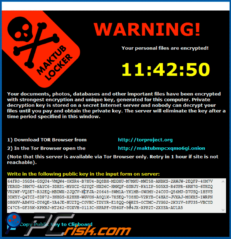 Pop-up window opened by Maktub ransomware
