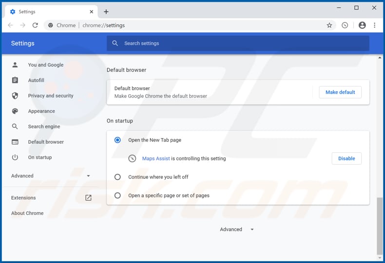 Removing mapsassist.com from Google Chrome homepage
