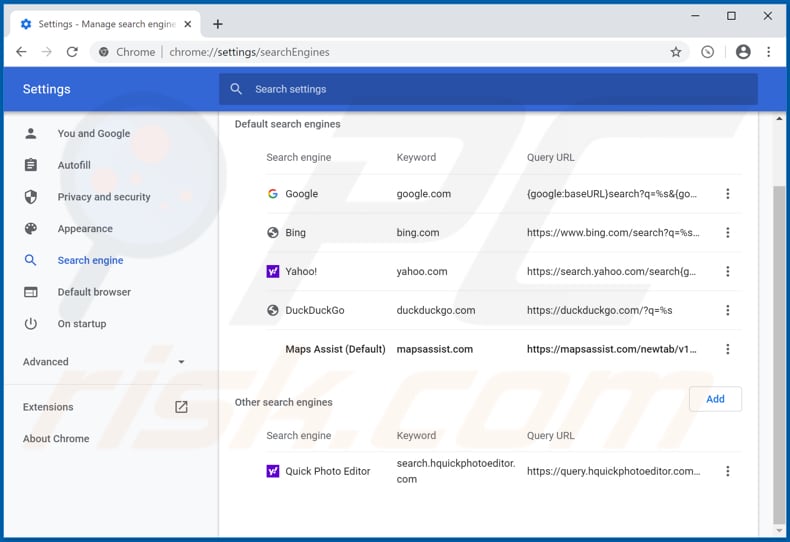 Removing mapsassist.com from Google Chrome default search engine