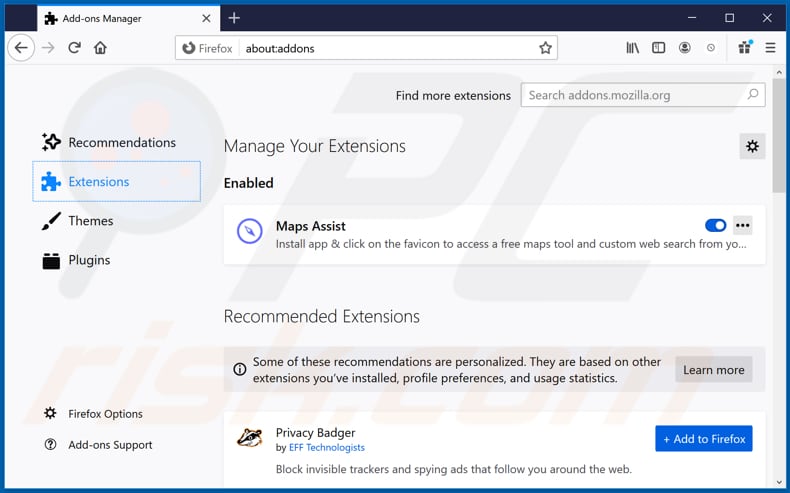 Removing mapsassist.com related Mozilla Firefox extensions