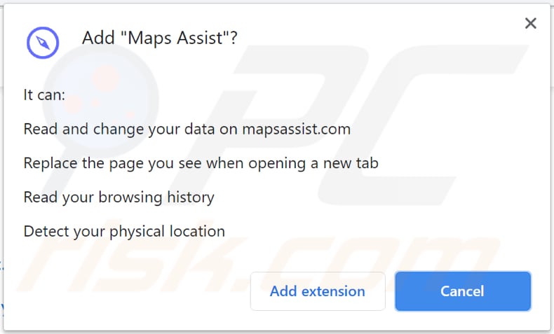 maps assist browser hijacker asks for a permission to be installed on chrome