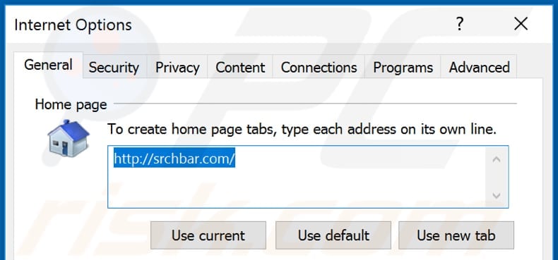 Removing srchbar.com from Internet Explorer homepage