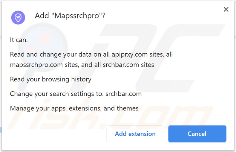 mapssrchpro browser hijacker asks for a permission to be installed