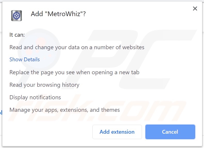 MetroWhiz browser hijacker asking for permissions on Chrome