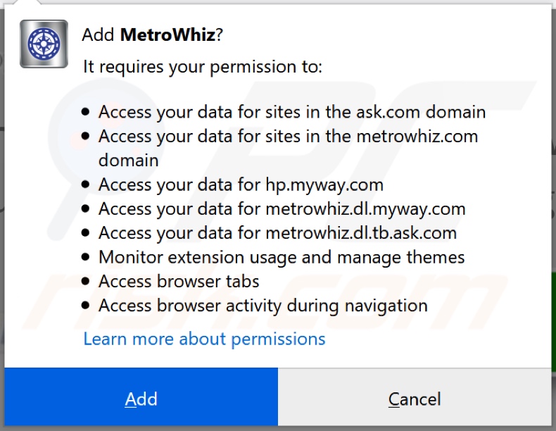 MetroWhiz browser hijacker asking for permissions on Firefox
