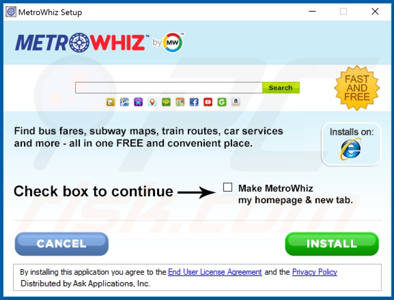 Official MetroWhiz browser hijacker installation setup