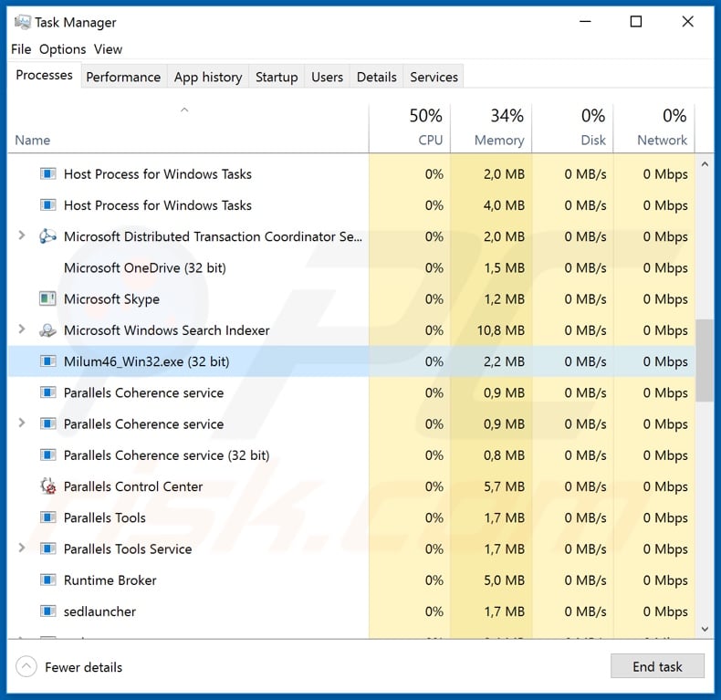 Milum remote access trojan process on task manager (Milum46_Win32.exe; process name may vary)