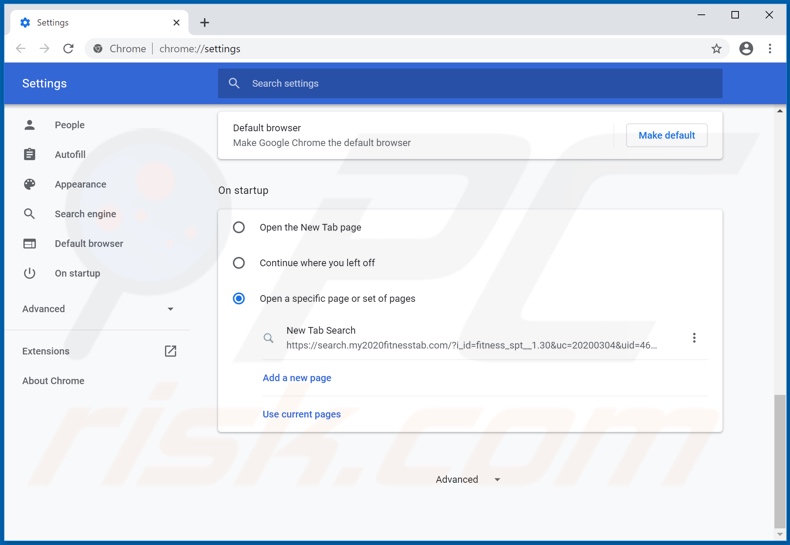 Removing search.my2020fitnesstab.com from Google Chrome homepage