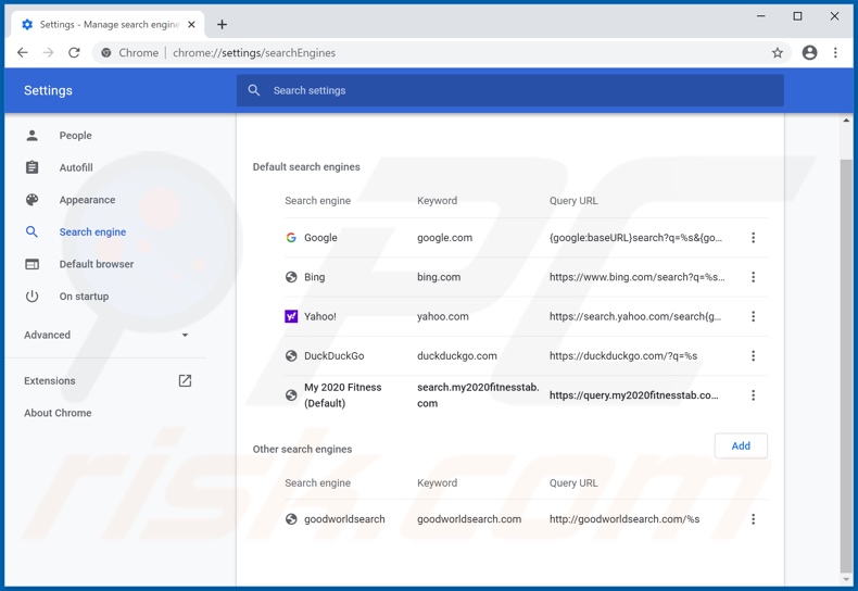 Removing search.my2020fitnesstab.com from Google Chrome default search engine