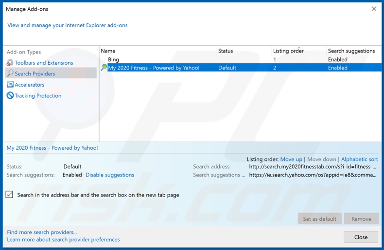 Removing search.my2020fitnesstab.com from Internet Explorer default search engine