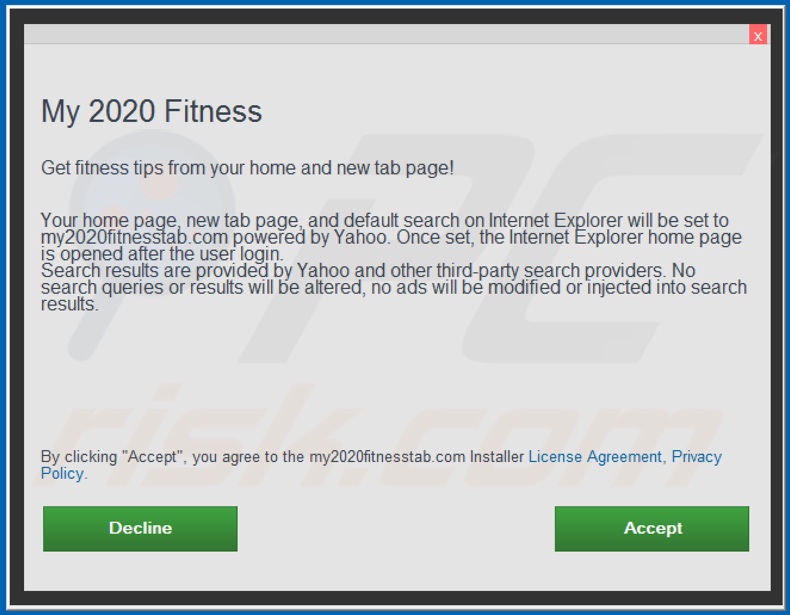 Official My 2020 Fitness browser hijacker installation setup