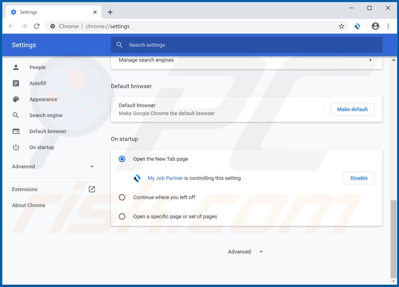 Removing search.myjobpartnertab.com from Google Chrome homepage