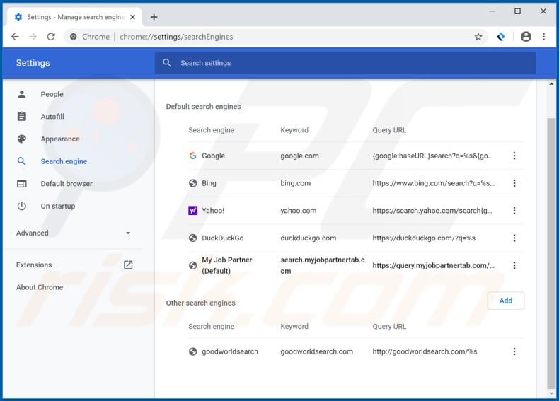Removing search.myjobpartnertab.com from Google Chrome default search engine