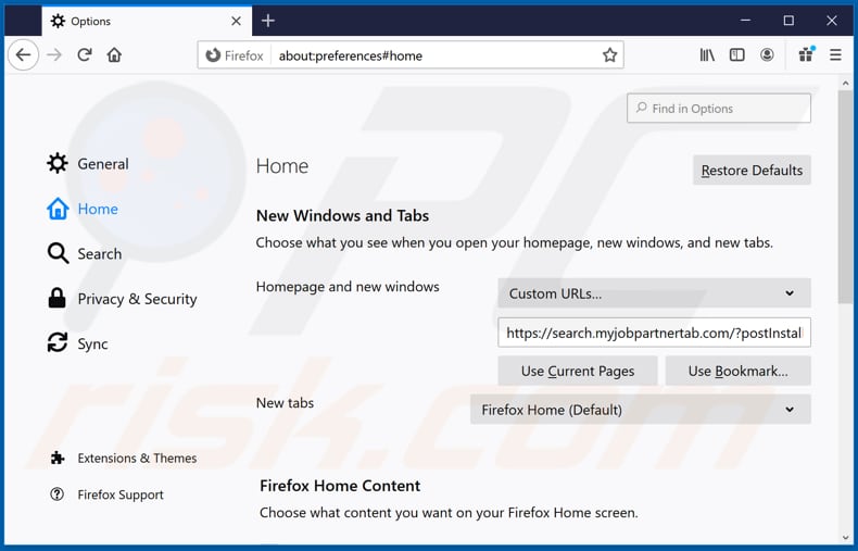 Removing search.myjobpartnertab.com from Mozilla Firefox homepage