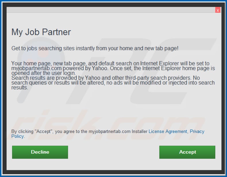 Official My Job Partner browser hijacker installation setup