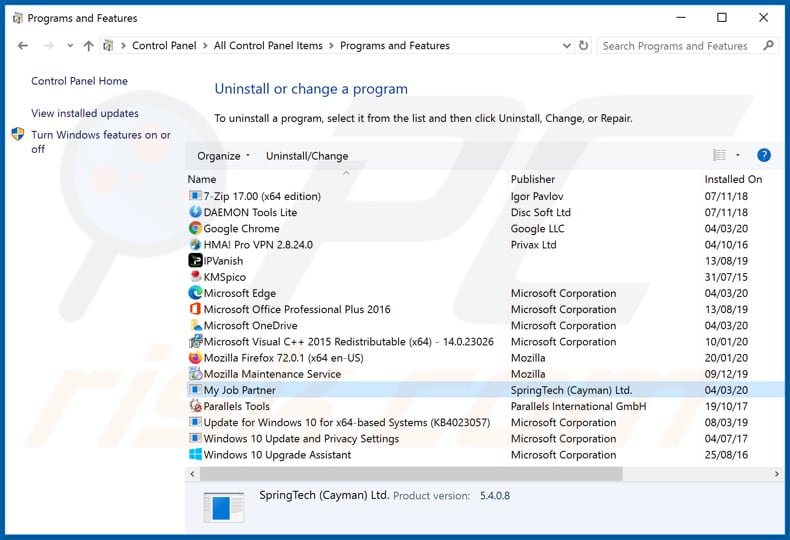 search.myjobpartnertab.com browser hijacker uninstall via Control Panel
