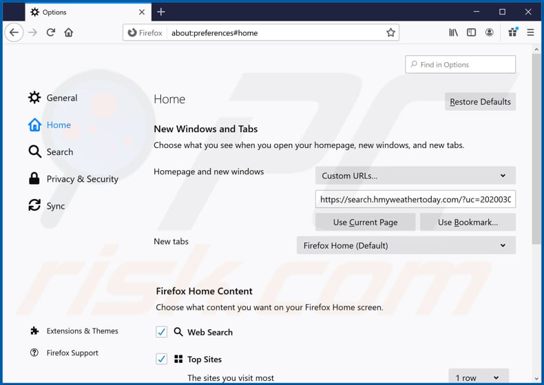 Removing search.hmyweathertoday.com from Mozilla Firefox homepage