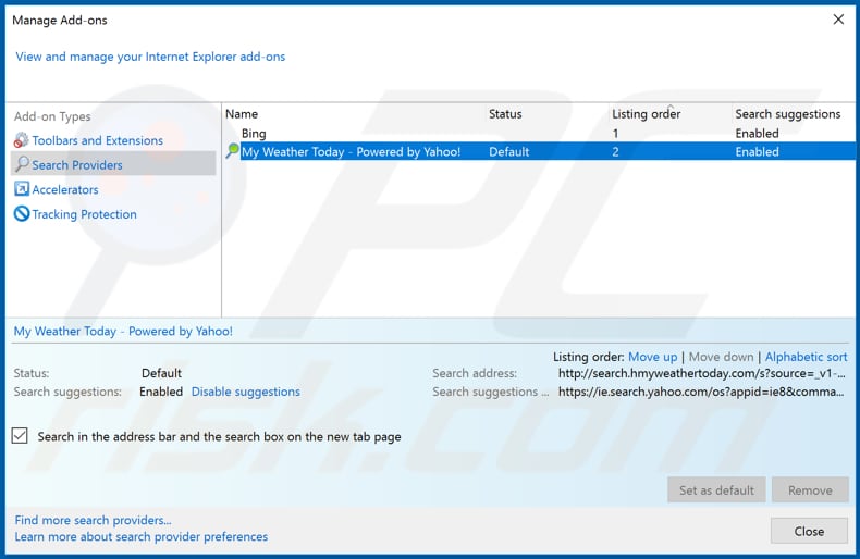 Removing search.hmyweathertoday.com from Internet Explorer default search engine