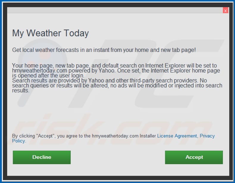 Official My Weather Today browser hijacker installation setup