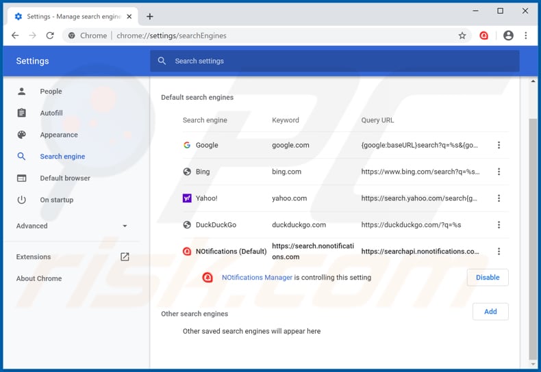 Removing nonotifications.com from Google Chrome default search engine
