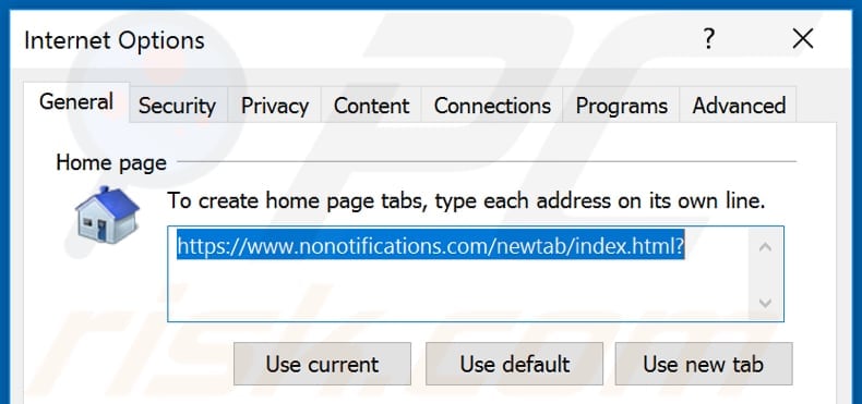 Removing nonotifications.com from Internet Explorer homepage