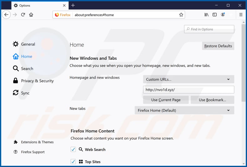 Removing nvo1d.xyz from Mozilla Firefox homepage