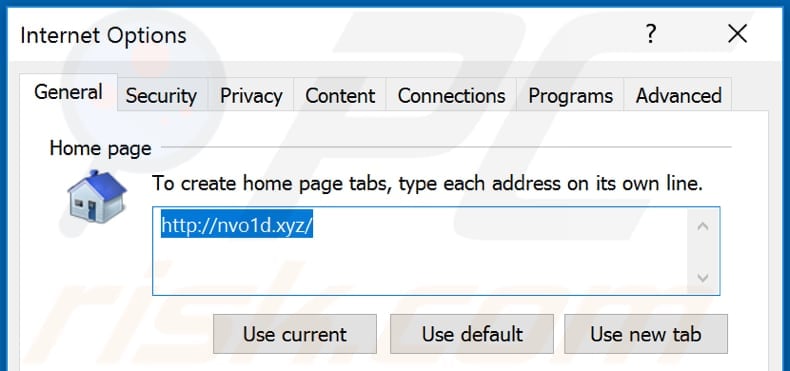 Removing nvo1d.xyz from Internet Explorer homepage