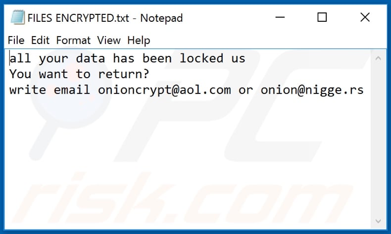 ONION ransomware text file (FILES ENCRYPTED.txt)