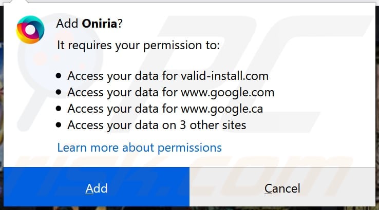 oniria adware asks for permission to be added on firefox
