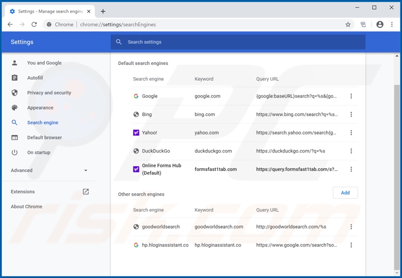 Removing search.formsfast1tab.com from Google Chrome default search engine