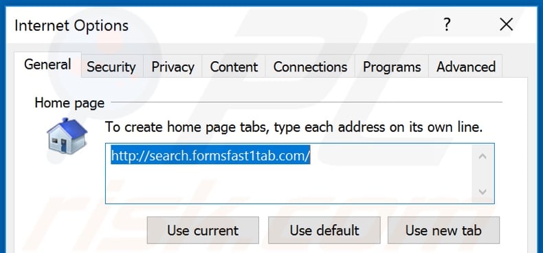 Removing search.formsfast1tab.com from Internet Explorer homepage