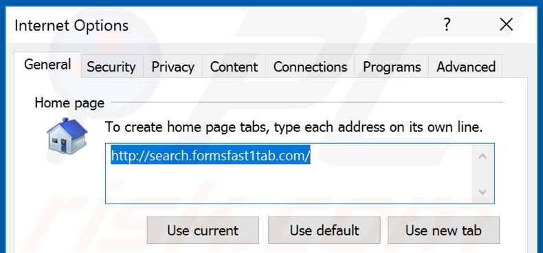 Removing search.formsfast1tab.com from Internet Explorer homepage