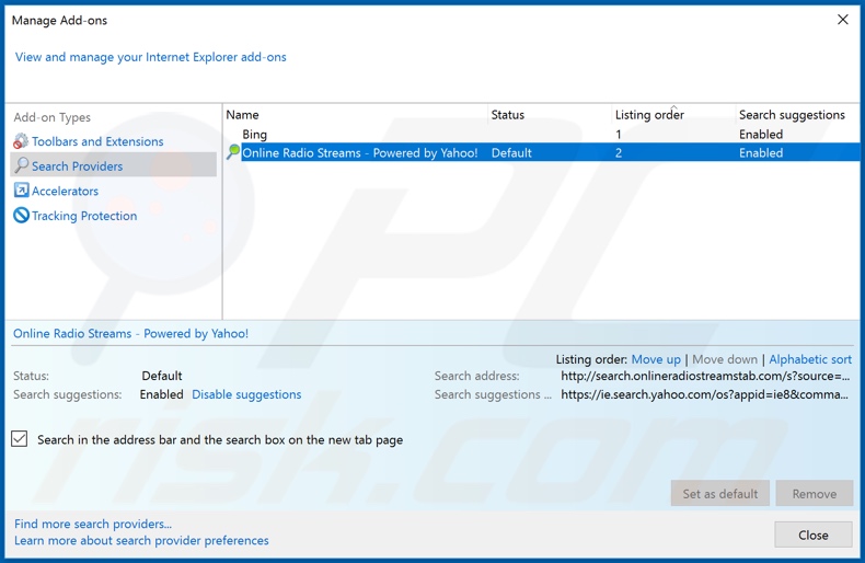 Removing search.onlineradiostreamstab.com from Internet Explorer default search engine