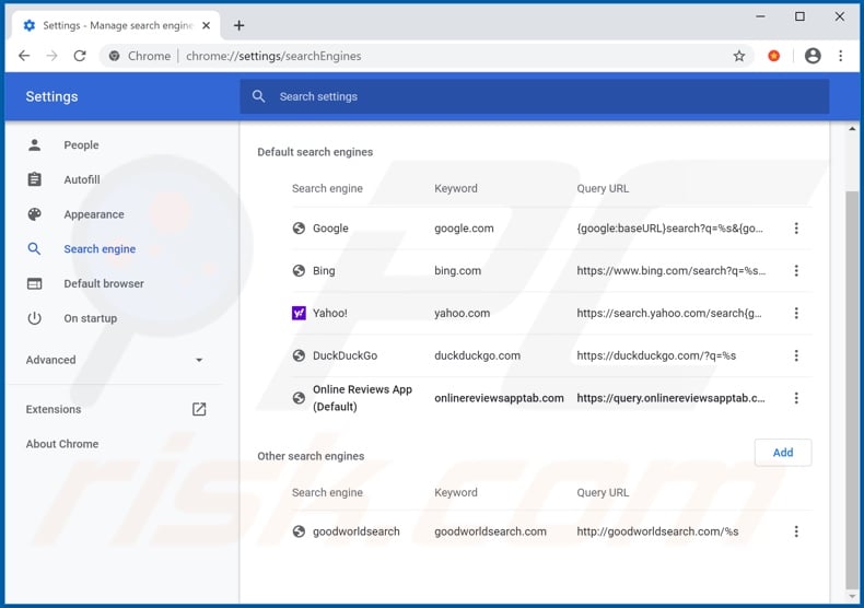 Removing search.onlinereviewsapptab.com from Google Chrome default search engine