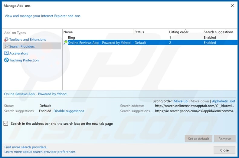 Removing search.onlinereviewsapptab.com from Internet Explorer default search engine