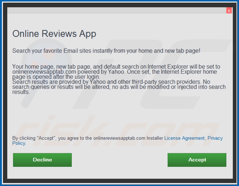 Official Online Reviews App browser hijacker installation setup