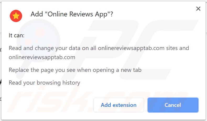 Online Reviews App browser hijacker asking for permissions