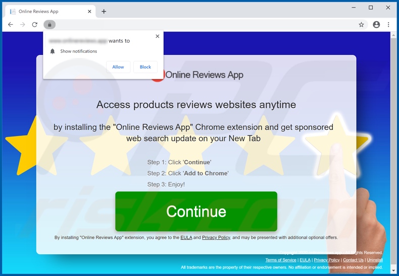Website used to promote Online Reviews App browser hijacker