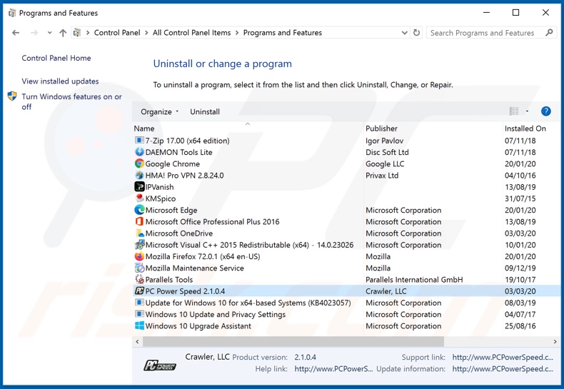 PC Power Speed adware uninstall via Control Panel