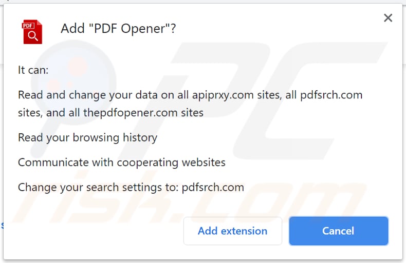 pdf opener browser hijacker asks for permission to be installed on chrome
