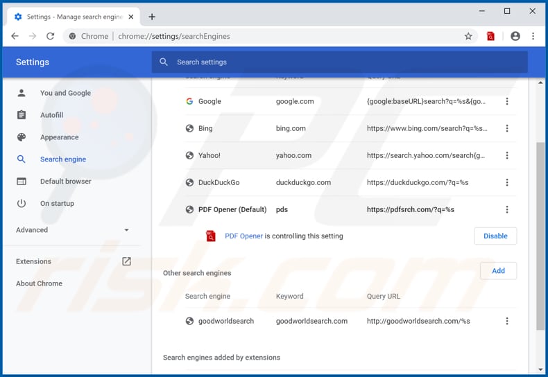Removing pdfsrch.com from Google Chrome default search engine