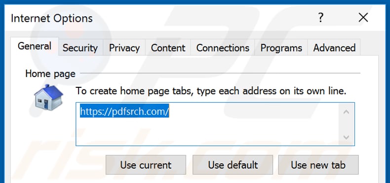Removing pdfsrch.com from Internet Explorer homepage