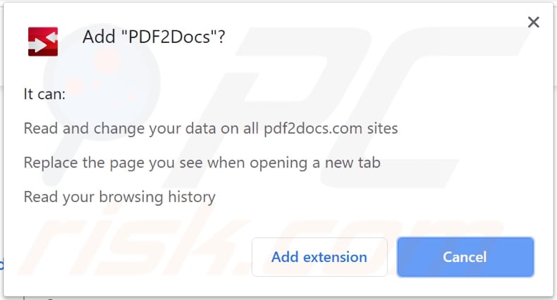 PDF2Docs browser hijacker asking for permissions