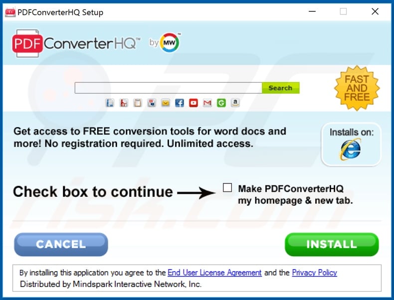 Official PDFConverterHQ browser hijacker installation setup