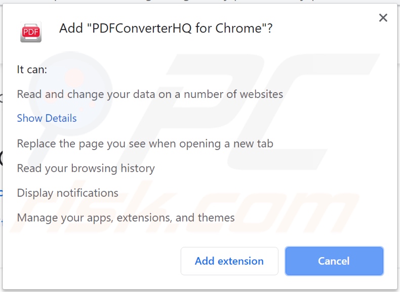 PDFConverterHQ browser hijacker asking for permissions on Chrome