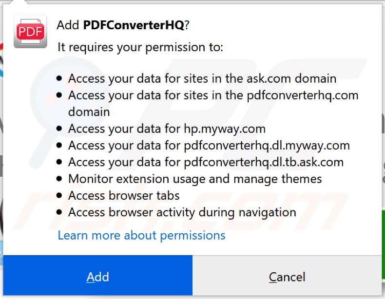 PDFConverterHQ browser hijacker asking for permissions on Firefox